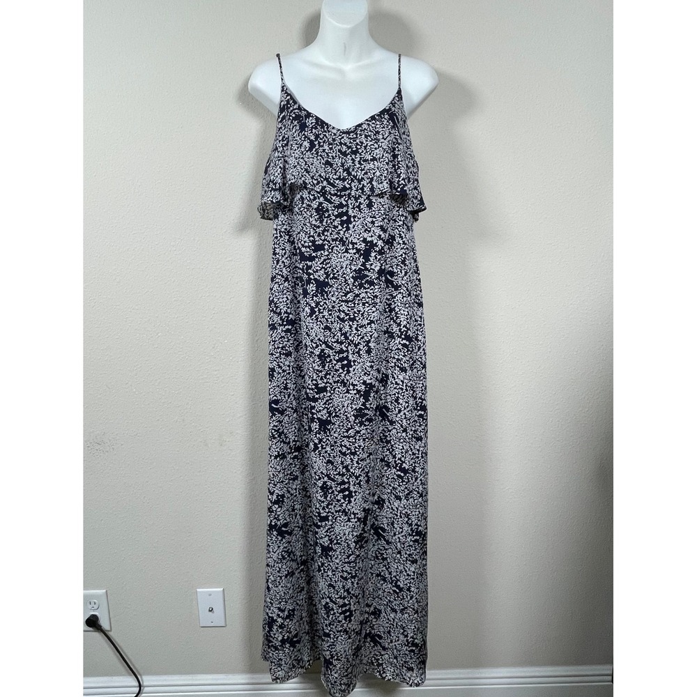 Joie Silk Maxi Dress Womens Medium Navy Blue Floral Ruffle Spaghetti Strap Boho